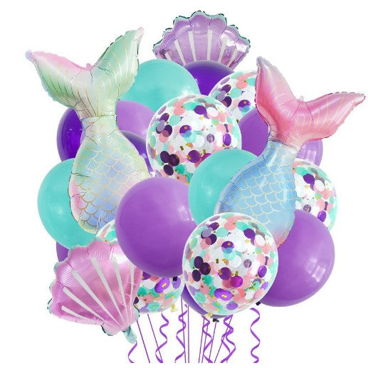 Baloane decorative Aqua Sirene, ANGELBEAR, Set MIX 22 baloane, din folie de alumiu, 2 Sirene, 2 Scoici, 18 baloane din latex, 50 x 85 cm Adeziv si pai inclus, Mov Multicolor